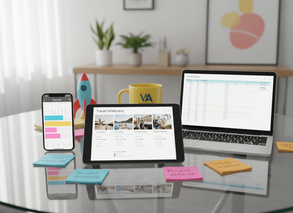 A cluster of vibrant digital devices on a clear glass tabletop: a tablet showing a polished travel itinerary, a smartphone with a tidy calendar of coaching sessions, and a slim laptop featuring a neatly formatted expense report. Around them sit colorful sticky notes, a cheerful yellow mug, and a small, whimsical desk toy shaped like a rocket. Diffused daylight pours in from the side, creating soft highlights on the screens and faint reflections on the glass. Captured in eye-level composition with photographic realism, the background fades into a bright, minimalist office with pops of color. The atmosphere is energetic and organized, showcasing how virtual assistant services keep everything synchronized and stress-free.