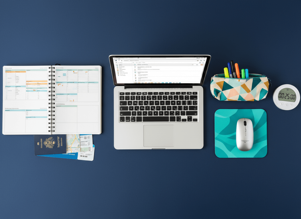 An overhead, photographic view of a playful yet professional workspace: a matte navy desk surface covered with carefully arranged tools of a virtual assistant. There is an open planner with color-coded entries, a slim silver laptop, a tidy stack of travel documents, and a fun, patterned pencil case spilling neatly arranged pens. A vivid teal mouse pad and a small digital timer add personality. Soft, even daylight from above creates minimal shadows and a clean, modern look. The composition follows the rule of thirds, with key elements balanced across the frame. The mood is focused but lighthearted, visually representing seamless admin support for small businesses and consultants.