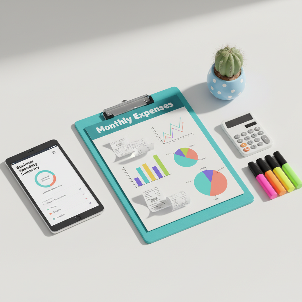 A whimsical, stylized desktop scene featuring a bright turquoise clipboard labeled “Monthly Expenses,” with perfectly aligned receipts, graphs, and pie charts clipped neatly beneath. Beside it, a compact calculator, a tidy row of highlighters, and a small, quirky cactus in a polka-dot pot sit on a smooth white desk. A tablet off to the side displays a clean, automated summary of business spending. Soft studio lighting from the top-left creates delicate shadows and crisp highlights, enhancing the sense of order. Captured from a slightly elevated angle in photographic realism with a vibrant, colorful palette, the mood is reassuring and playful, illustrating how expense and admin services can turn chaos into clarity for entrepreneurs.